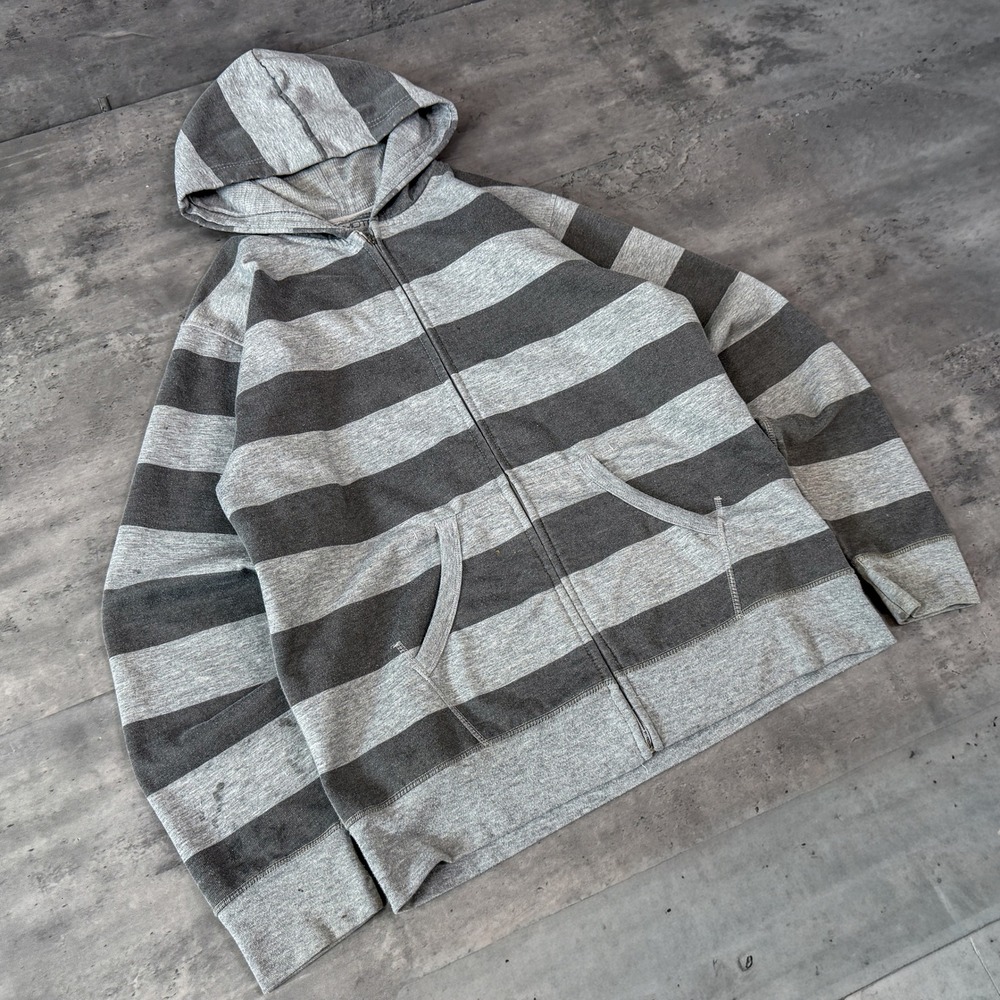 Y2K 00's Moto Grey Striped Grunge Skater Style Full Zip Hoodie Sweatshirt